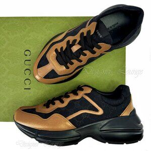 NEW GUCCI Men’s Rhyton Maxi GG Black Canvas Beige Leather Sneakers G 8.5 US 9